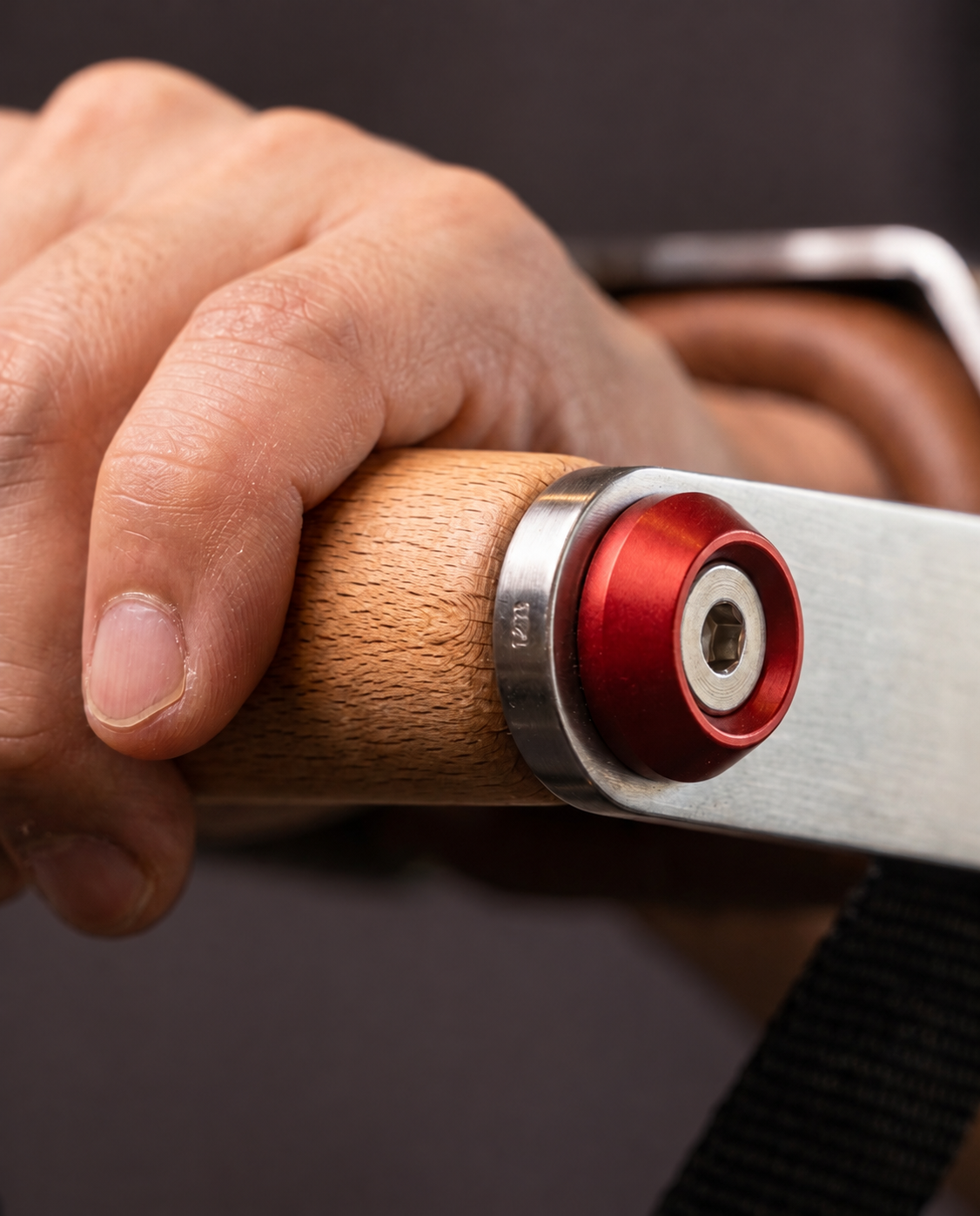 Macro view of the wood grain on the handle